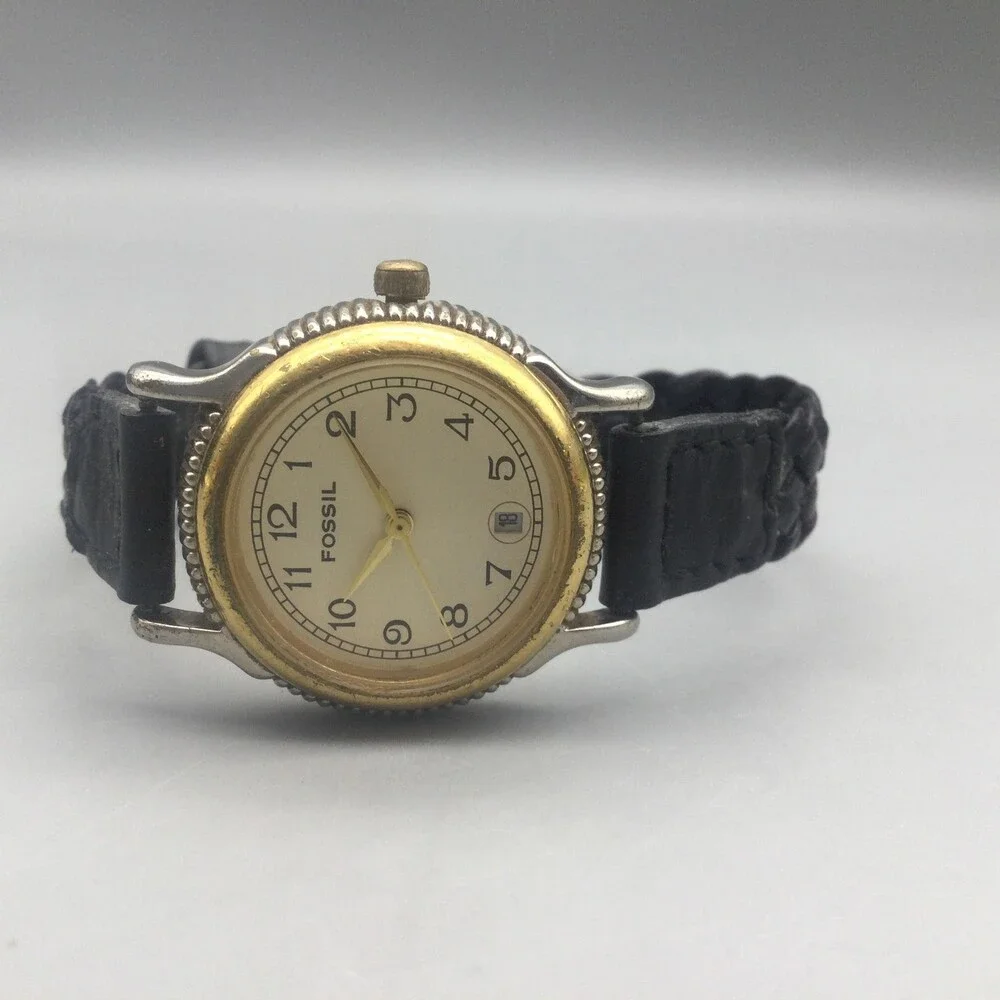 Vtg Fossil Women Watch 27mm Two Tone Braided Black Leather Date New Battery